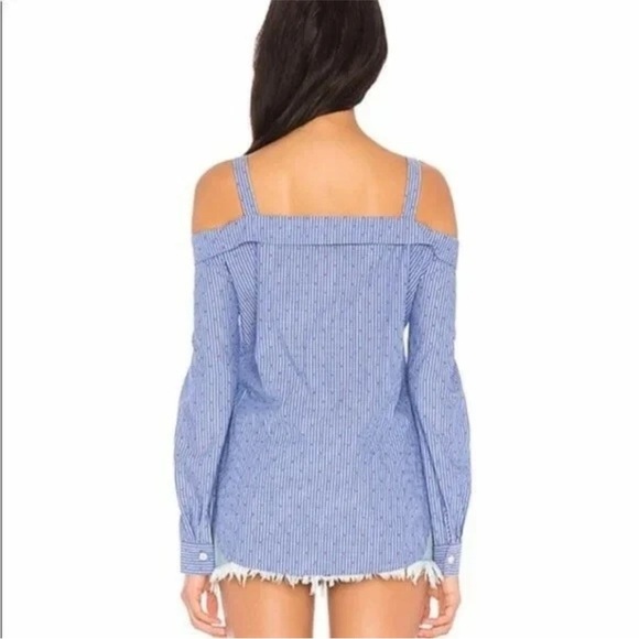 🆕 BCBGENERATION Blue & White Striped Red Dot Cold-Shoulder Shirt XS - Picture 10 of 11